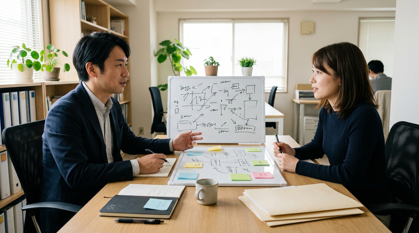 ミッションと事業の方向性をホワイトボードで整理する様子